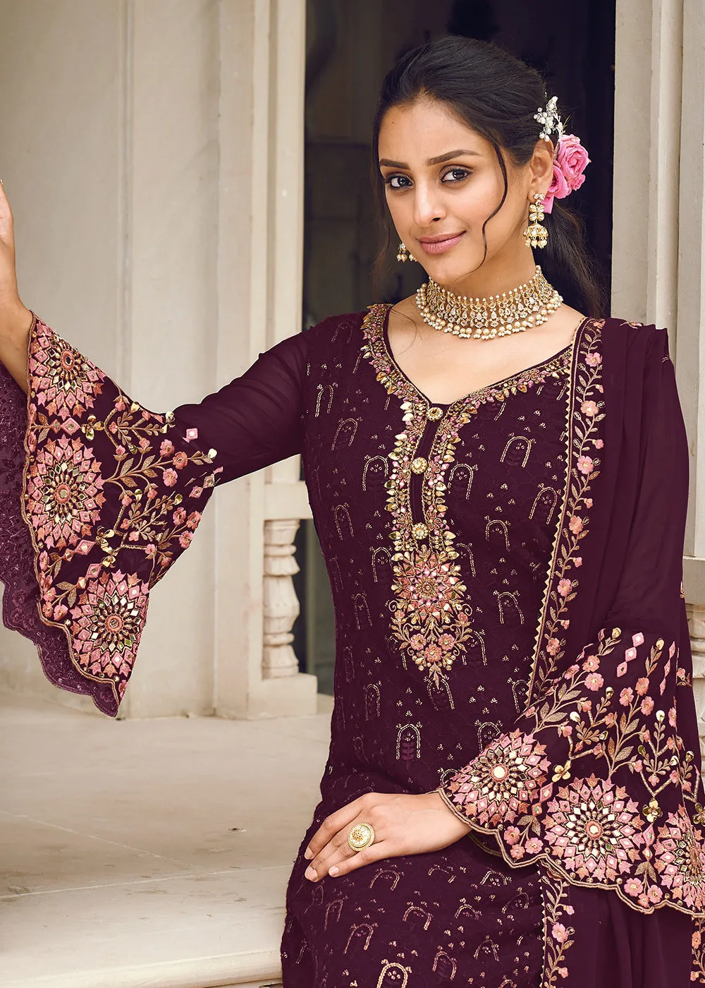 Pretty Wine Embroidered Georgette Ceremonial Salwar Kameez