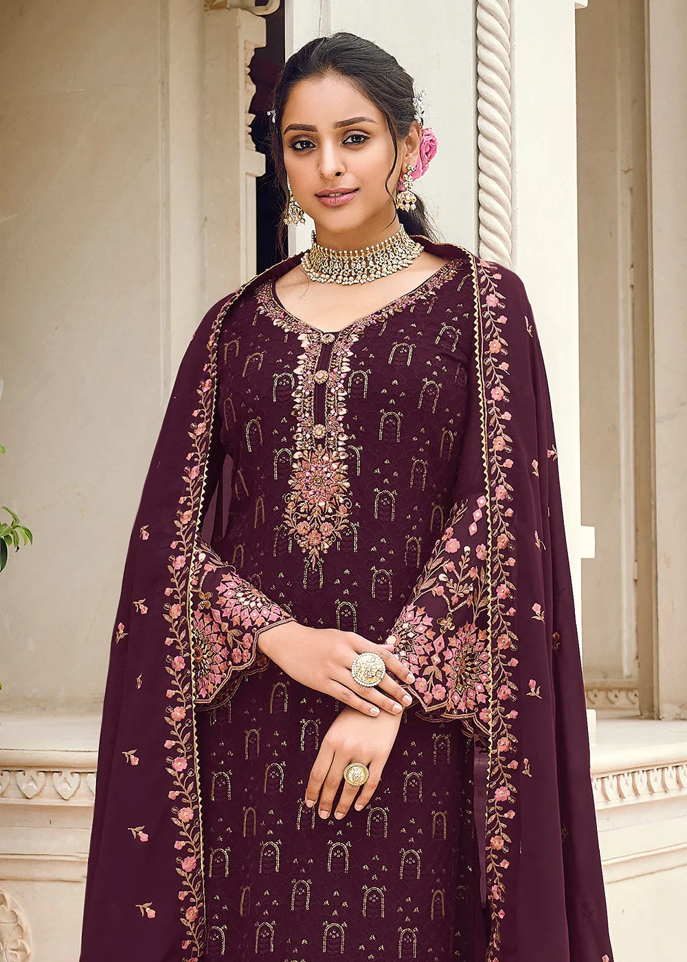 Pretty Wine Embroidered Georgette Ceremonial Salwar Kameez