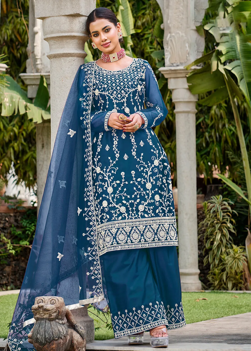 Prussian Blue Stone & Cording Work Festive Palazzo Suit