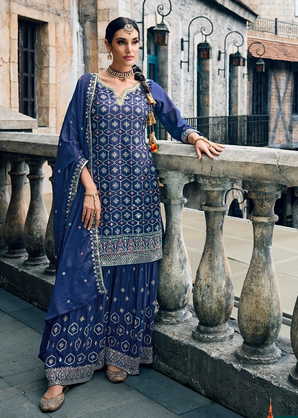 Punjabi Style Blue Embroidered Designer Palazzo Suit