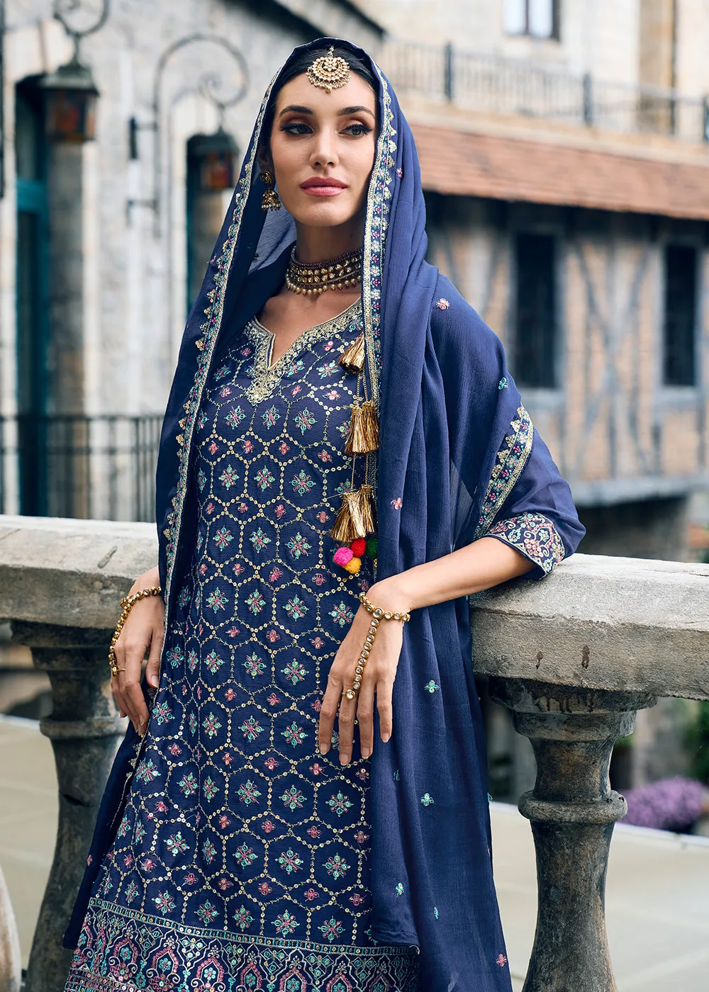 Punjabi Style Blue Embroidered Designer Palazzo Suit