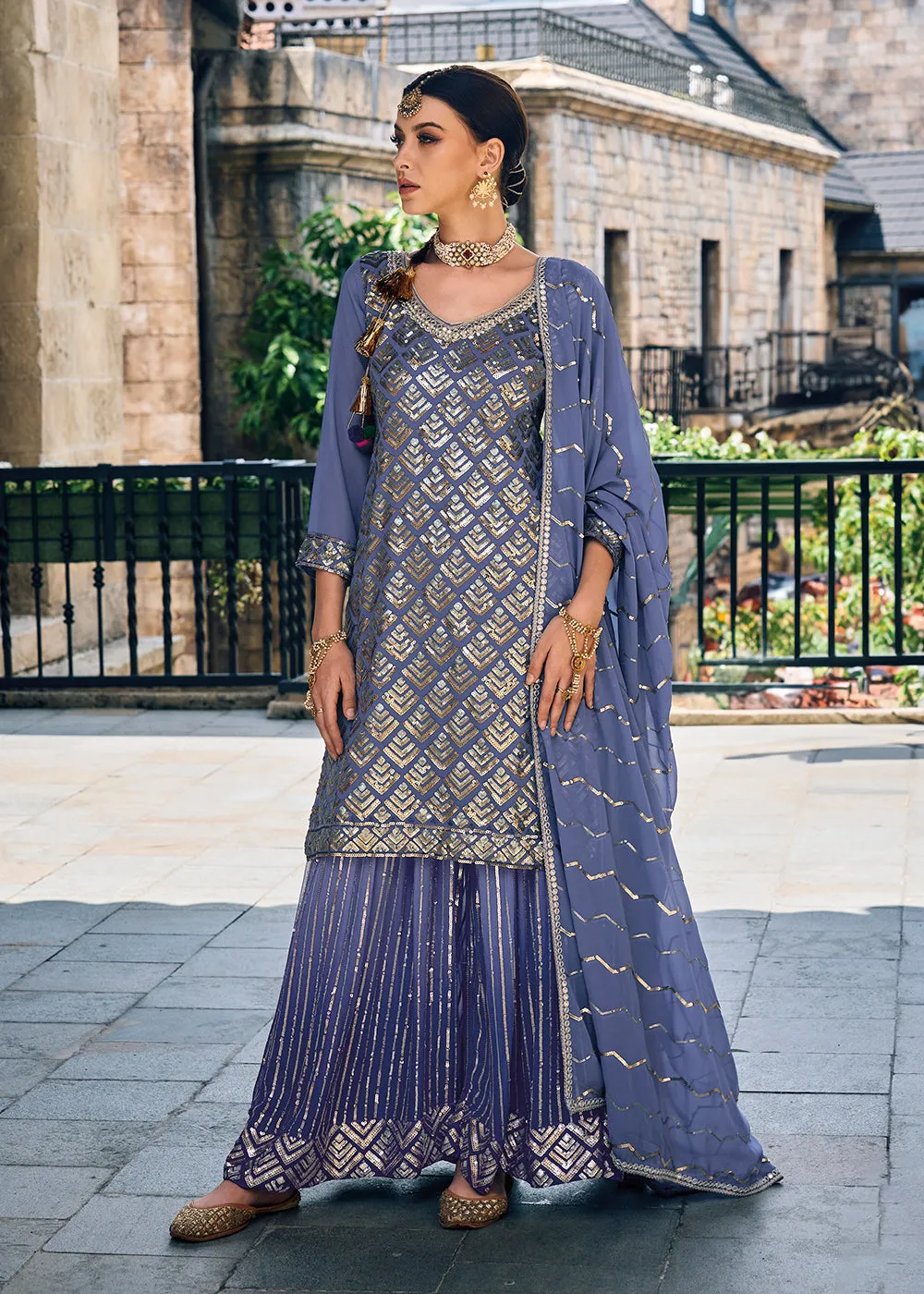 Punjabi Style Lavender Embroidered Designer Palazzo Suit