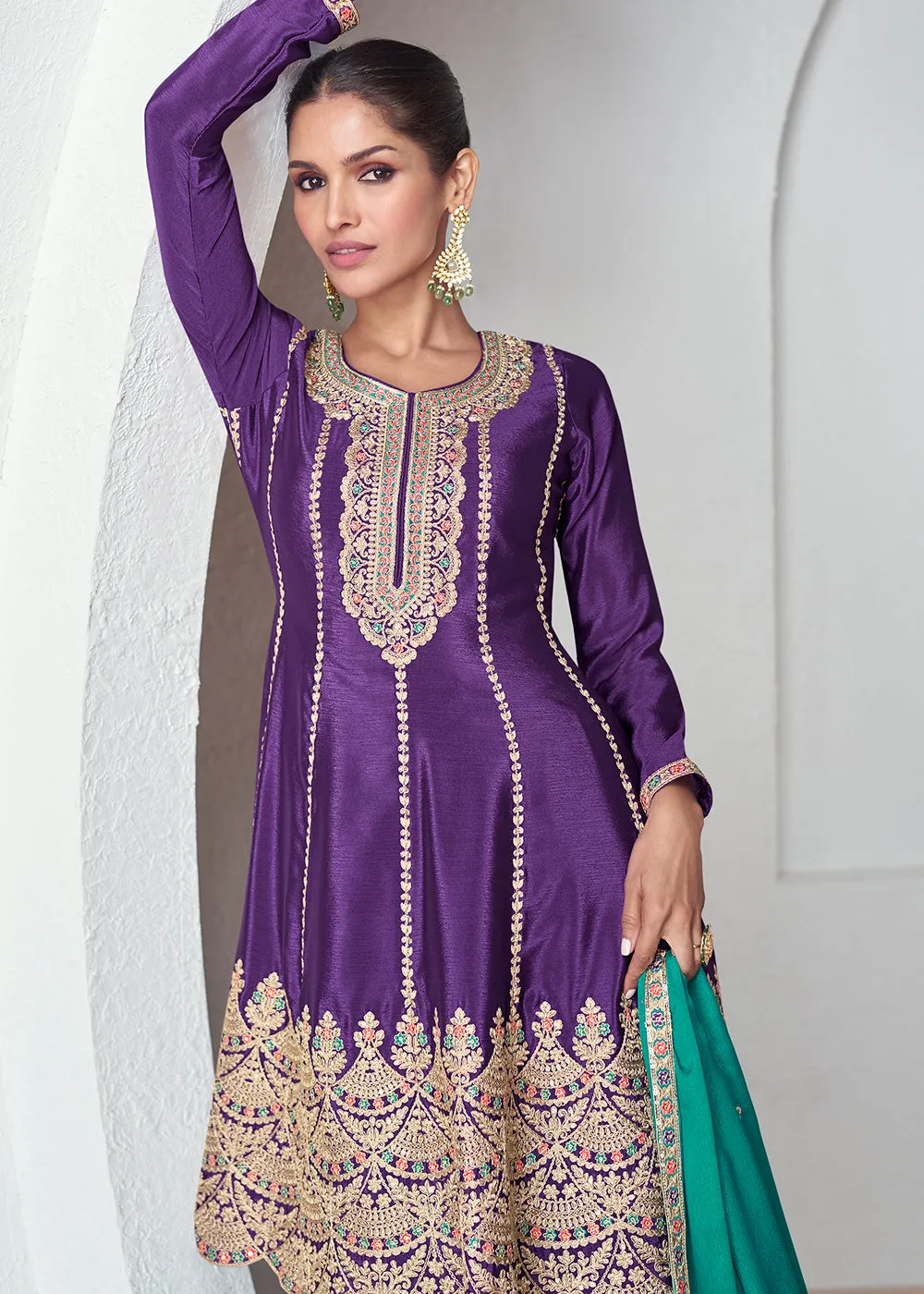 Purple & Green Premium Chinnon Silk Palazzo Suit