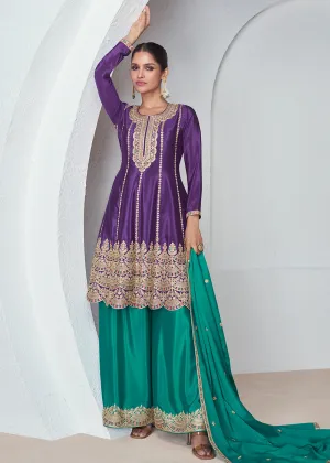 Purple & Green Premium Chinnon Silk Palazzo Suit