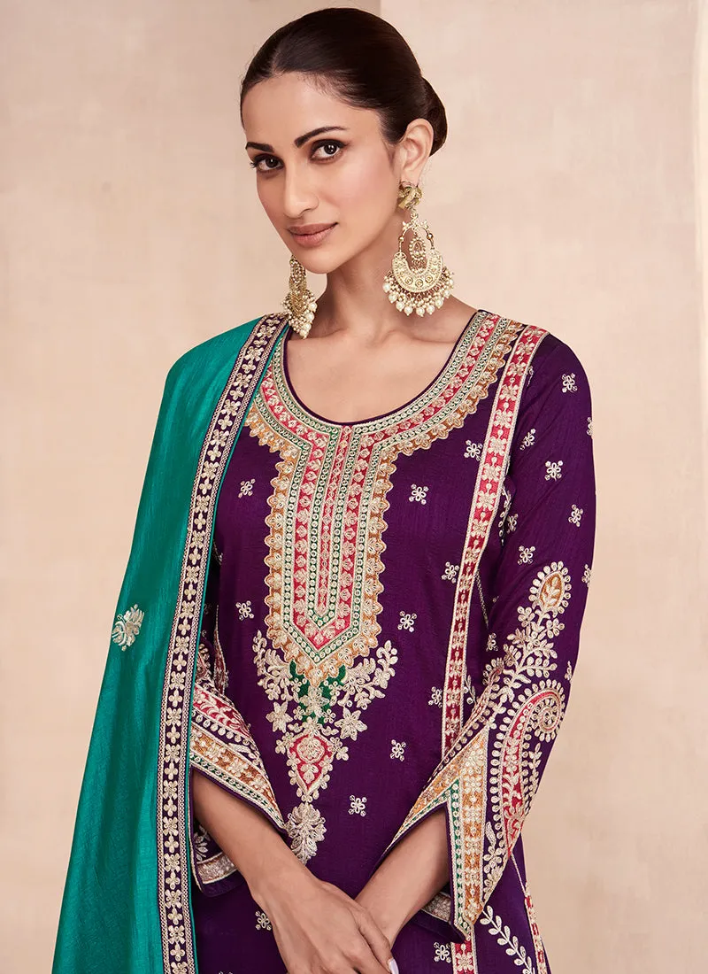 Purple And Turquoise Embroidered Festive Palazzo Suit