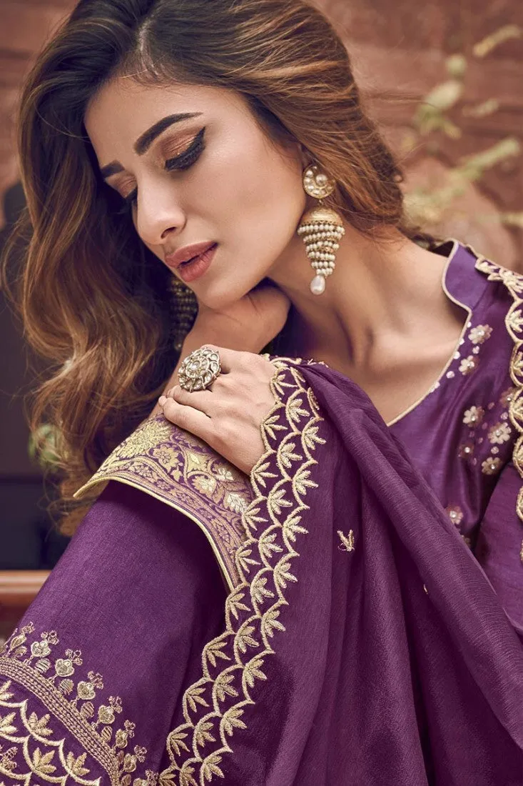 Purple Color Jacquard Embroidered Palazzo Style Suit