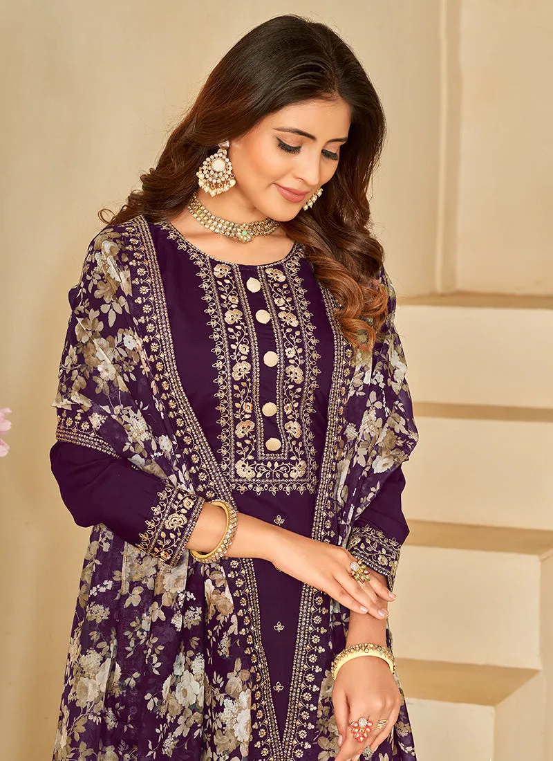 Purple Embroidery Traditional Pant Style Suit