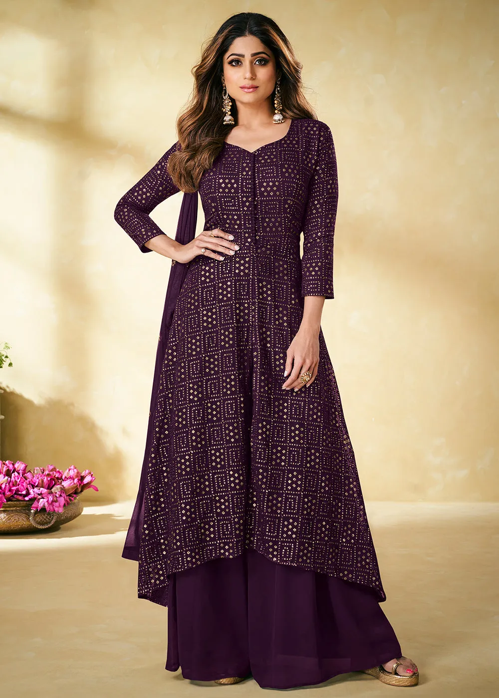 Purple Indian Designer Embroidered Palazzo Suit