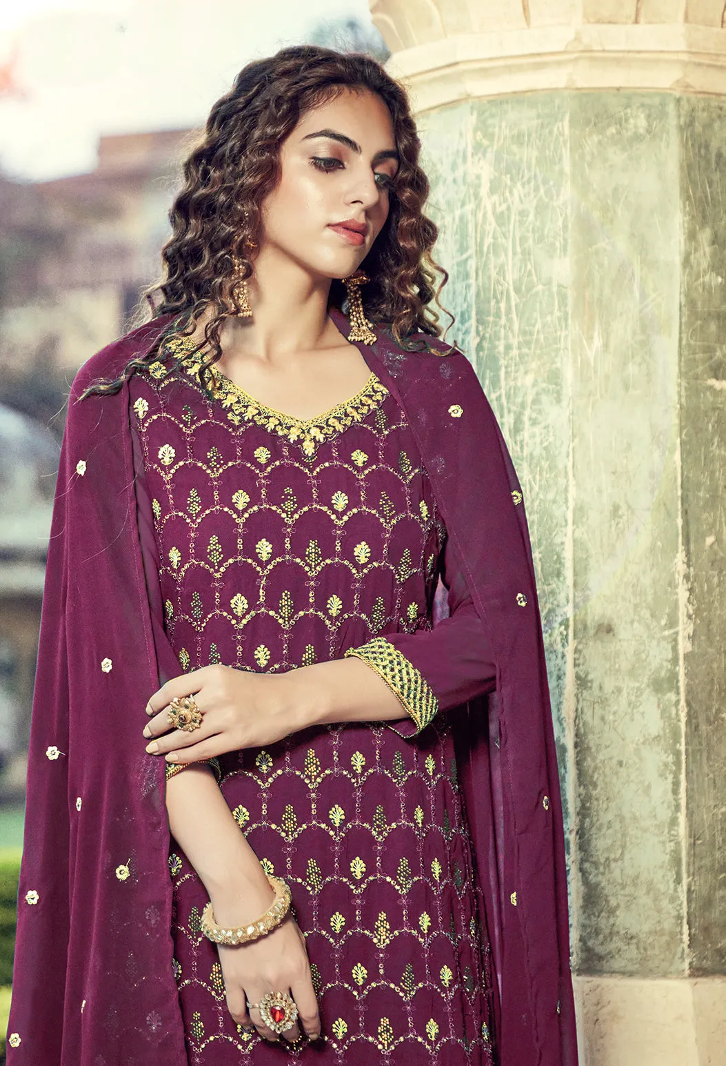 Purple Swarovski Embroidered Georgette Palazzo Suit