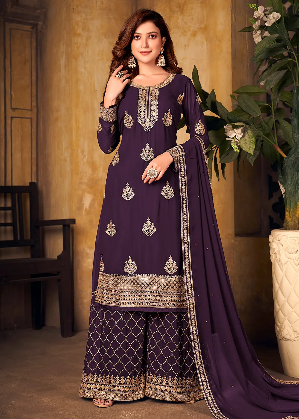 Purple Thread & Zari Embroidered Palazzo Suit with Dupatta