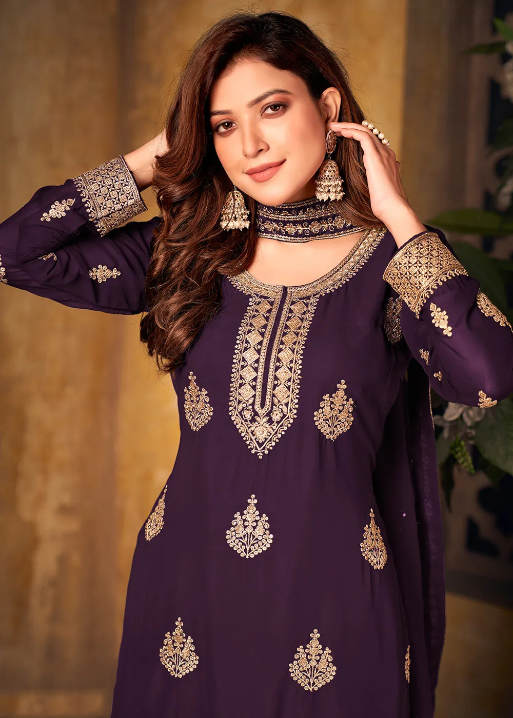 Purple Thread & Zari Embroidered Palazzo Suit with Dupatta