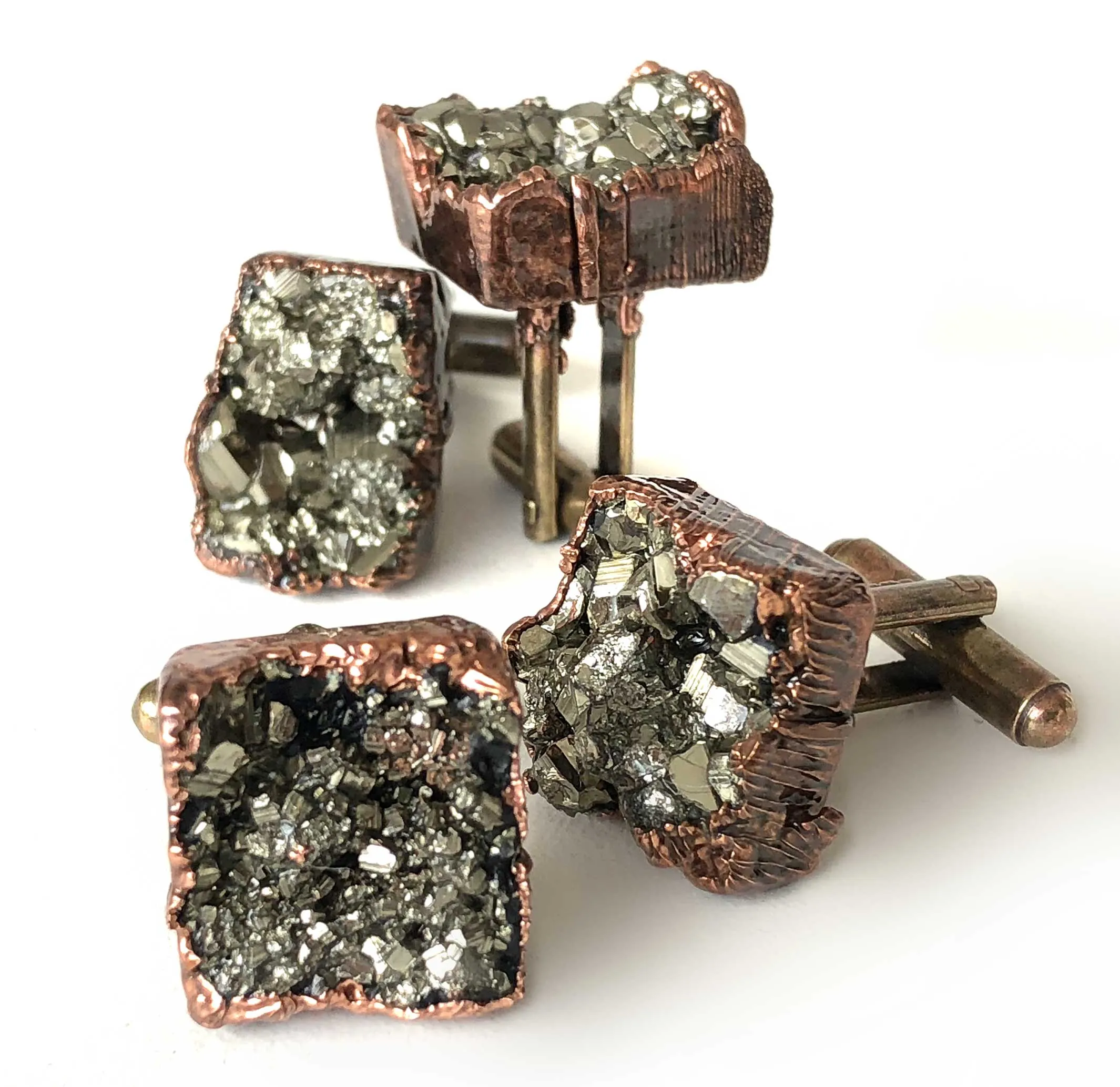 Pyrite Cufflinks. Electroformed copper & fool's gold cluster, raw stone cuff links