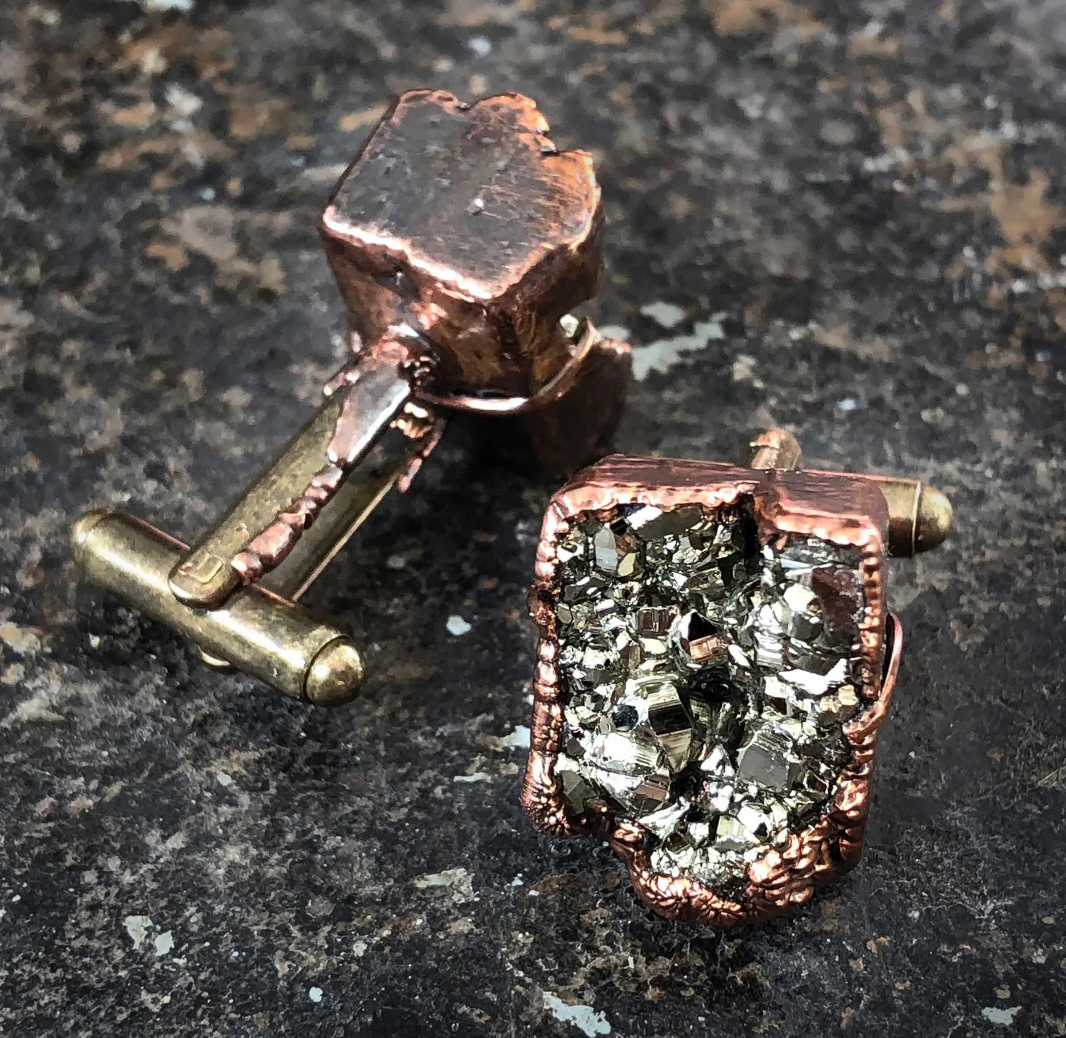 Pyrite Cufflinks. Electroformed copper & fool's gold cluster, raw stone cuff links