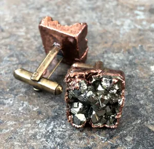 Pyrite Cufflinks. Electroformed copper & fool's gold cluster, raw stone cuff links