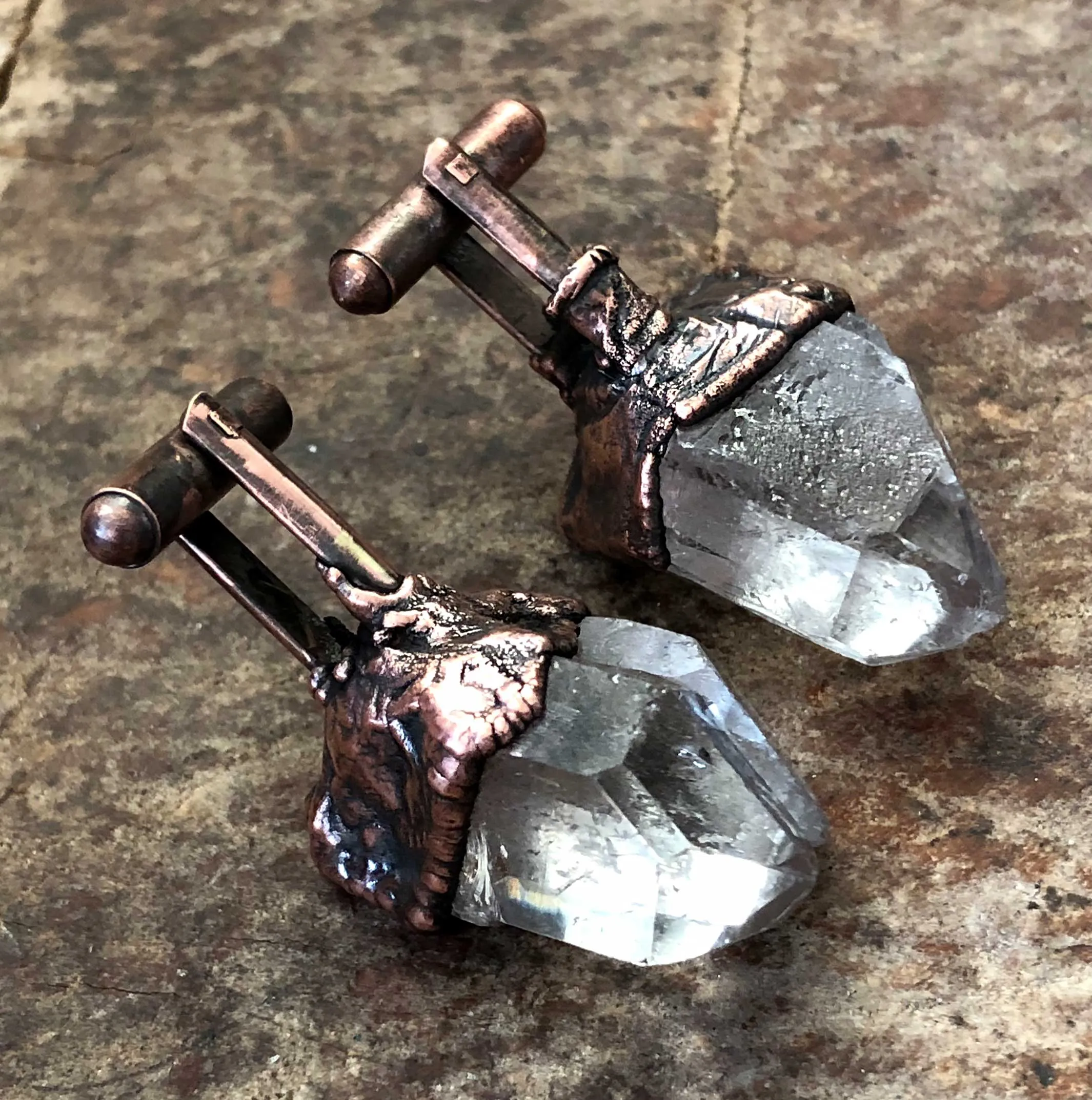 Quartz Cufflinks, electroformed copper & raw stone crystal cuff links