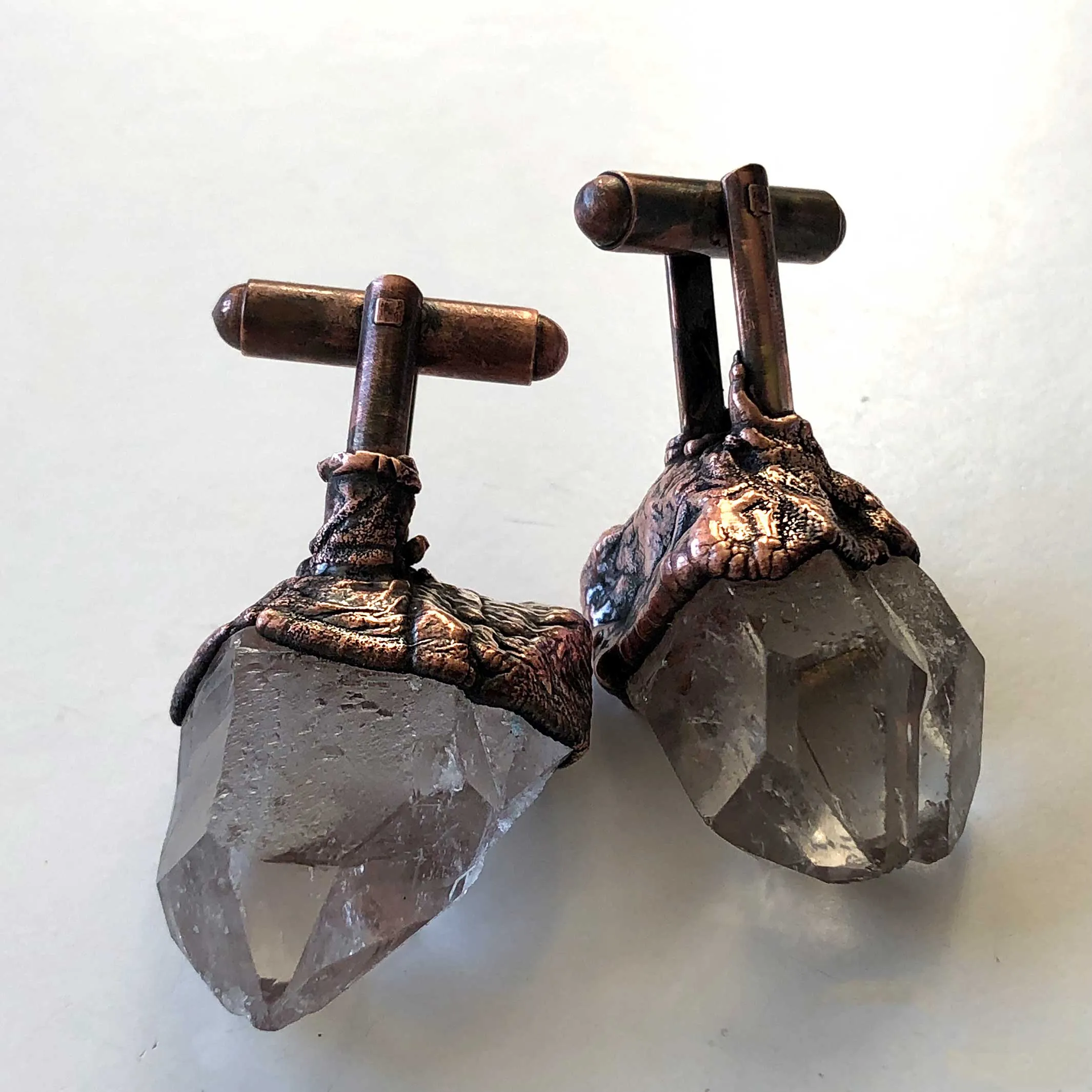 Quartz Cufflinks, electroformed copper & raw stone crystal cuff links