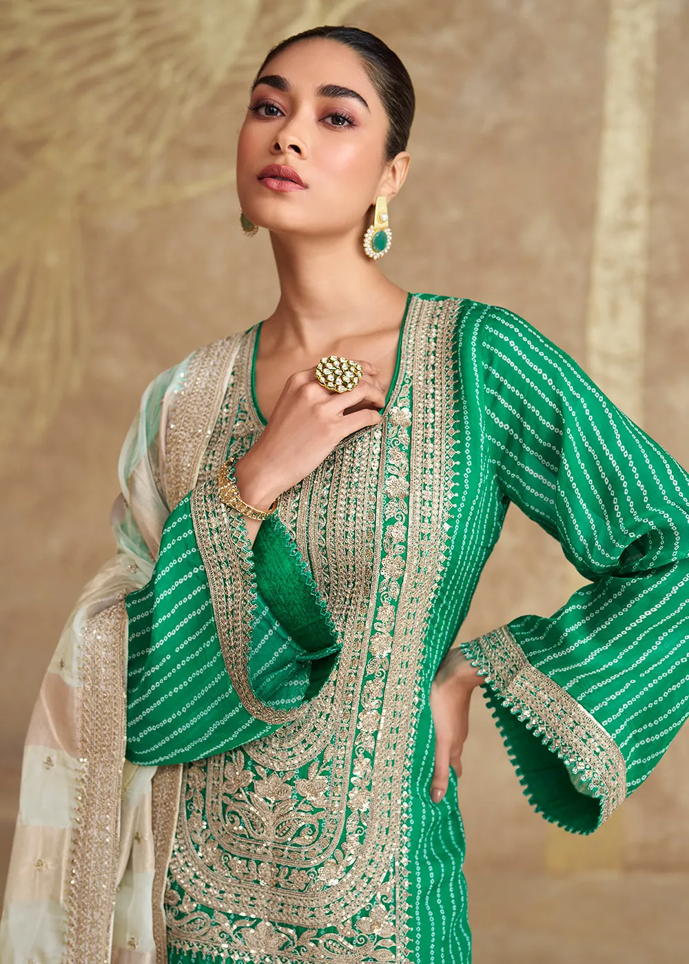 Rama Green Embroidered Chinnon Silk Palazzo Suit