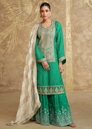 Rama Green Embroidered Chinnon Silk Palazzo Suit