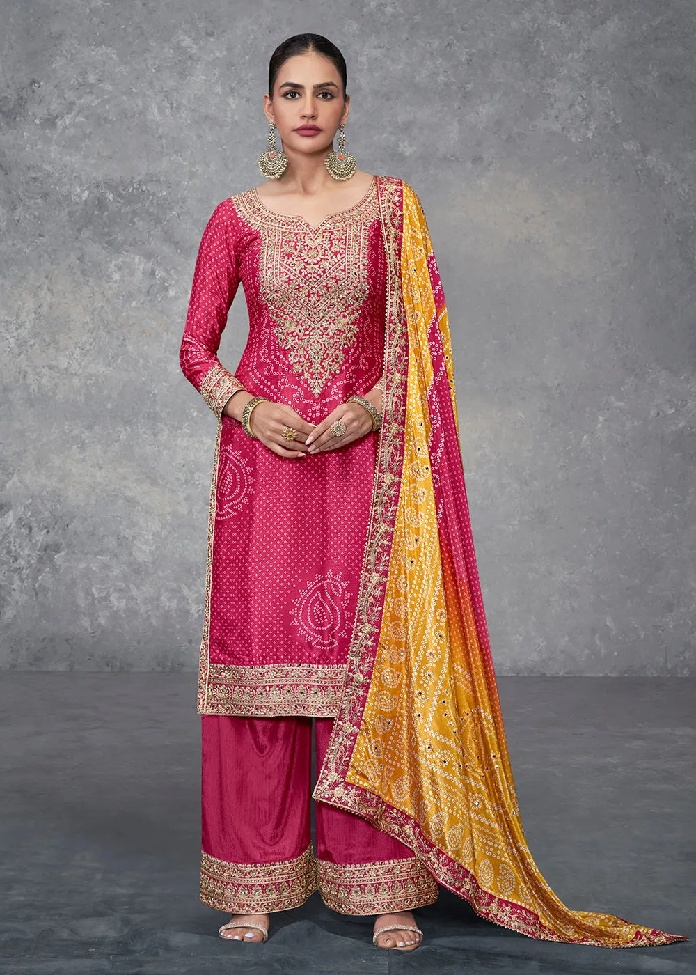 Rani Pink Embroidered Chinnon Wedding Style Palazzo Suit