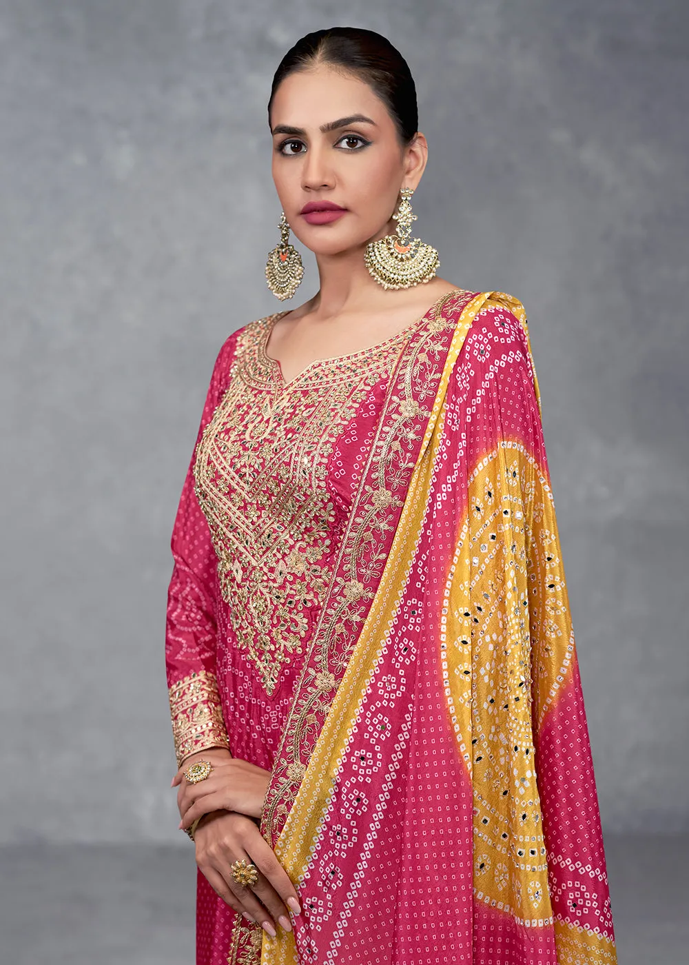 Rani Pink Embroidered Chinnon Wedding Style Palazzo Suit