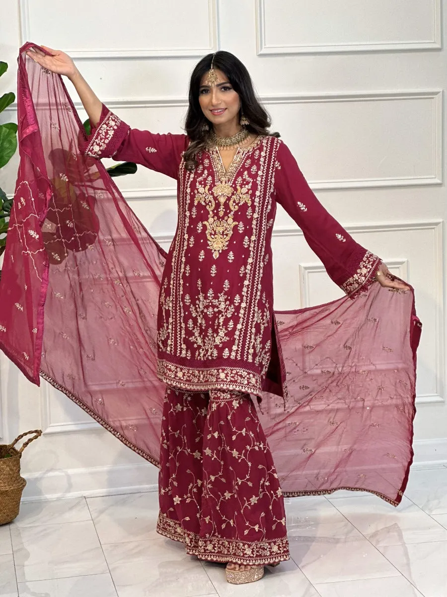 Raspberry Pink Gharara Pant Suit with Champagne Embroidery 3pc Suit