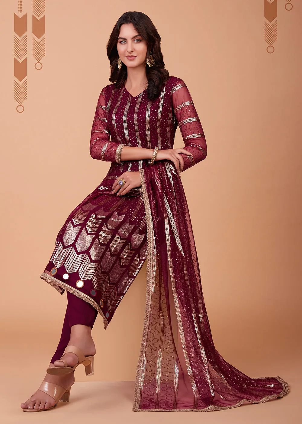 Ravishing Wine Tone to Tone Thread Net Salwar Kameez