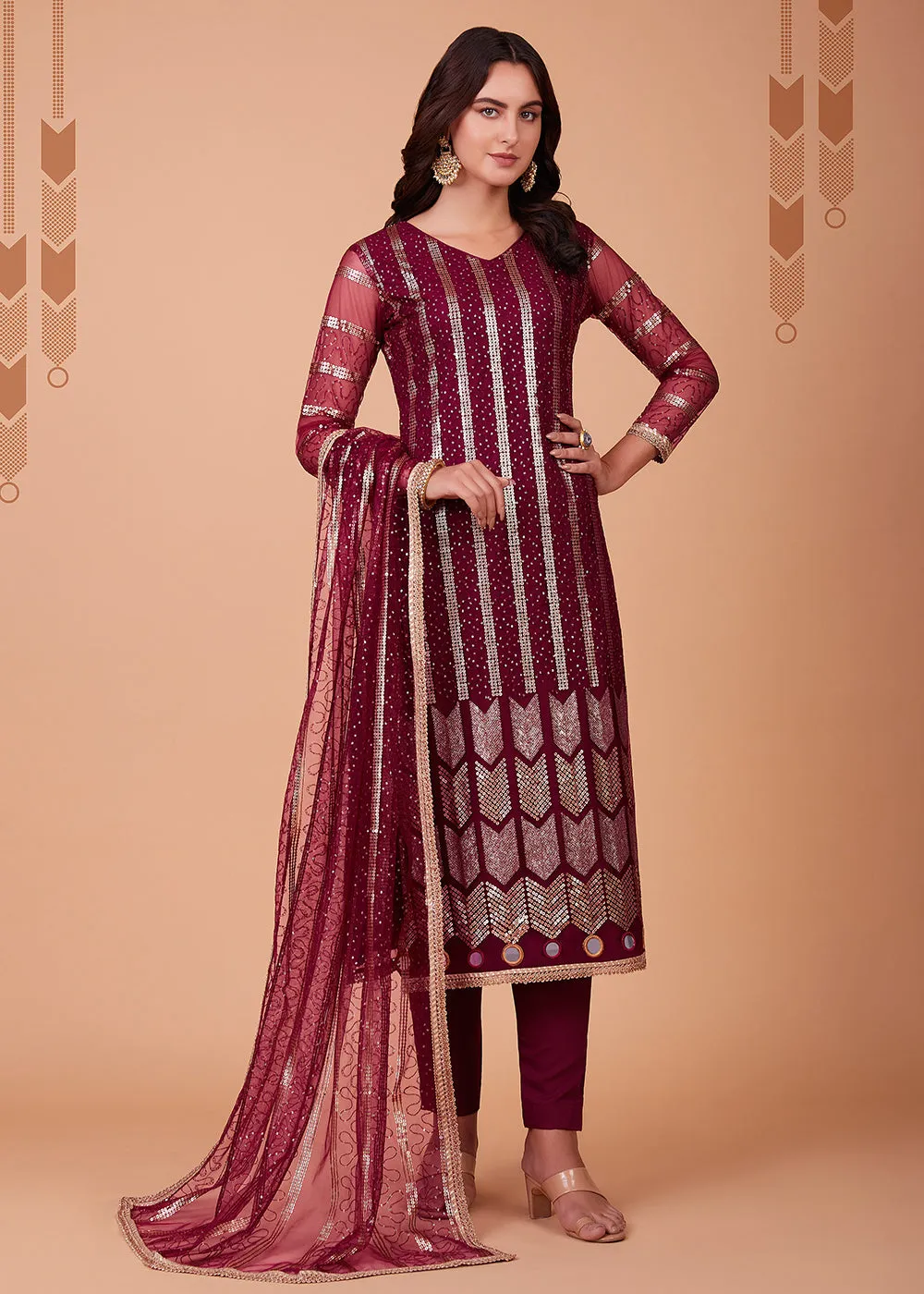 Ravishing Wine Tone to Tone Thread Net Salwar Kameez