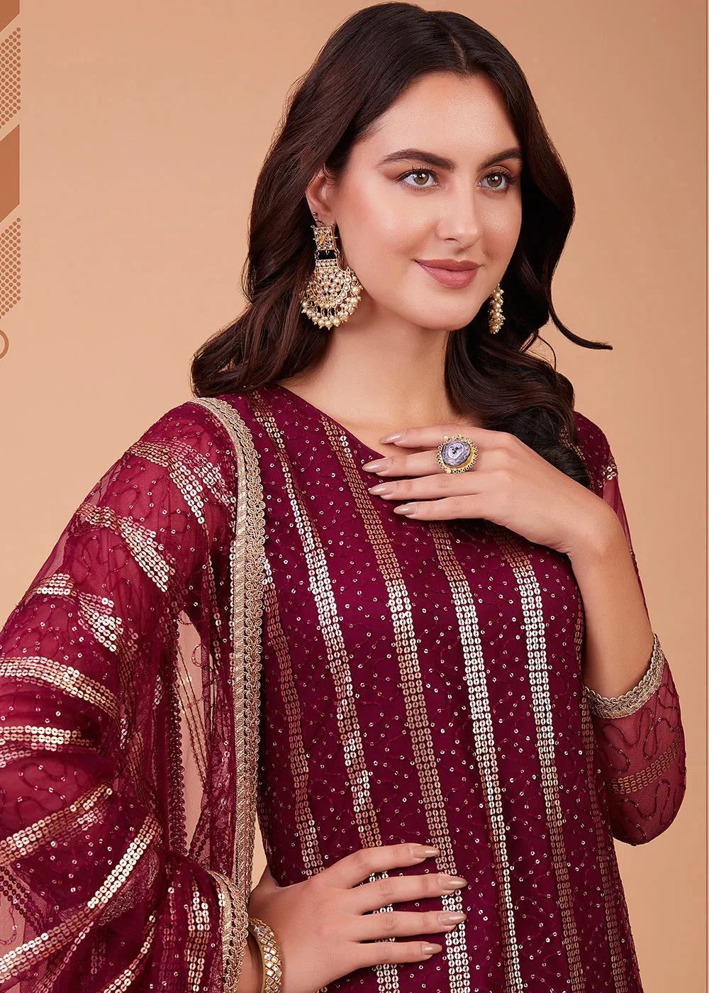 Ravishing Wine Tone to Tone Thread Net Salwar Kameez