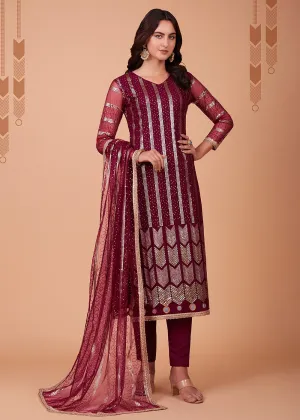 Ravishing Wine Tone to Tone Thread Net Salwar Kameez