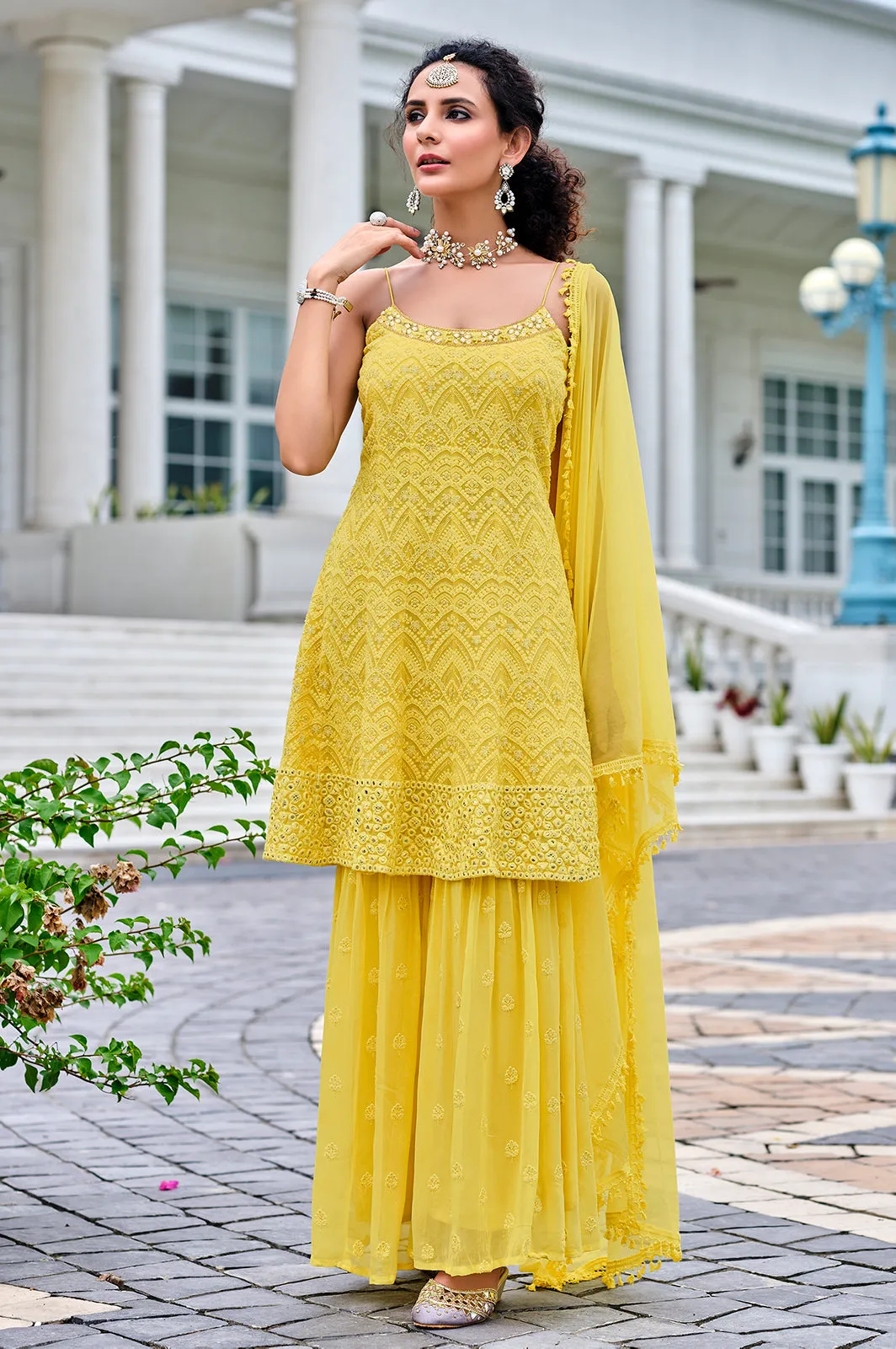 Readymade Bright Yellow Embroidered Viscose Georgette Suit