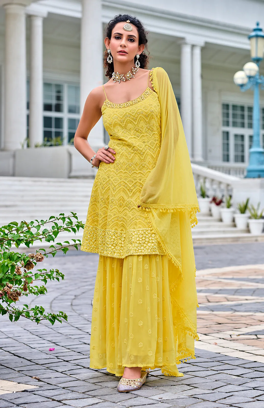 Readymade Bright Yellow Embroidered Viscose Georgette Suit