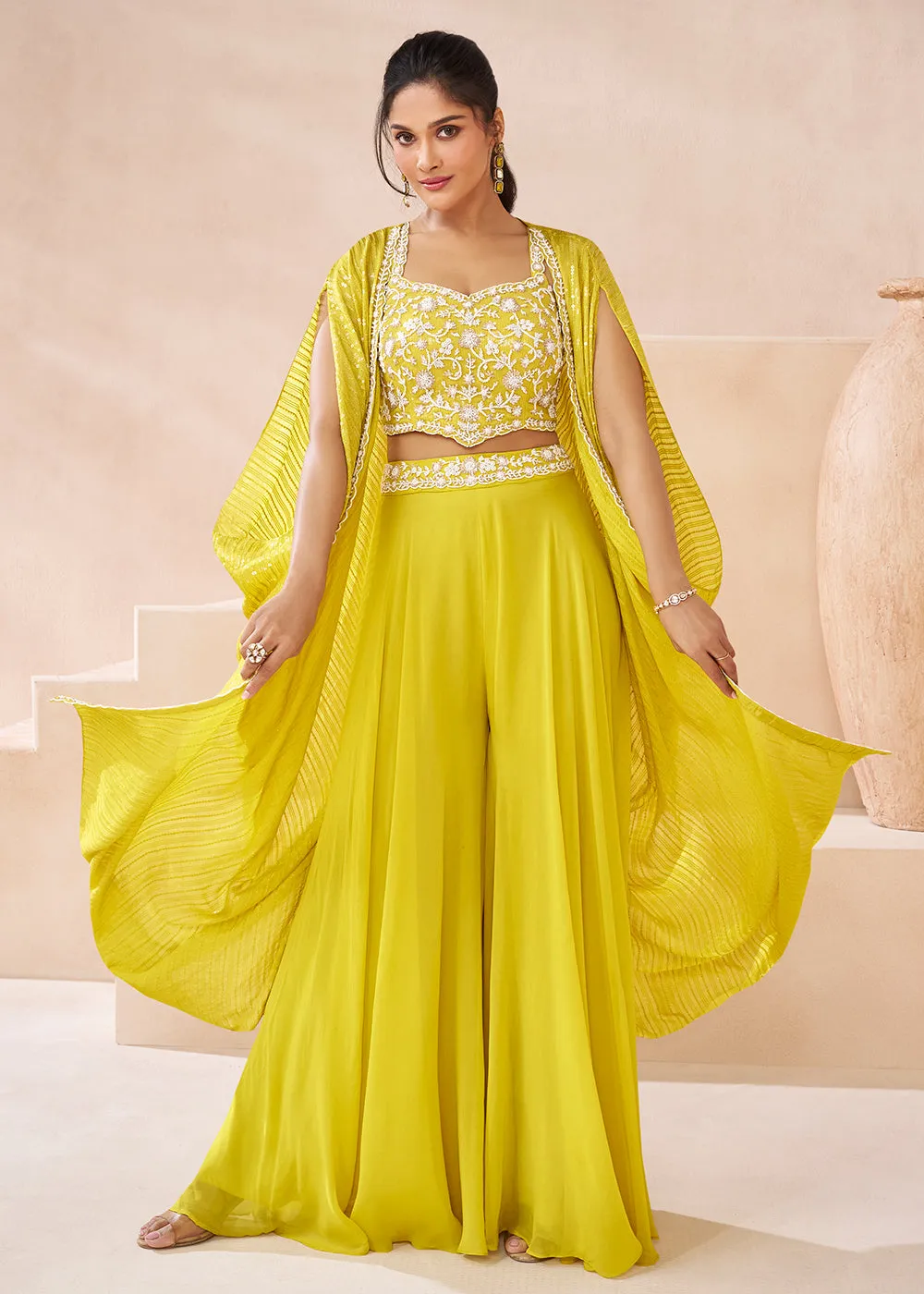 Real Georgette Yellow Indo Western Palazzo Suit