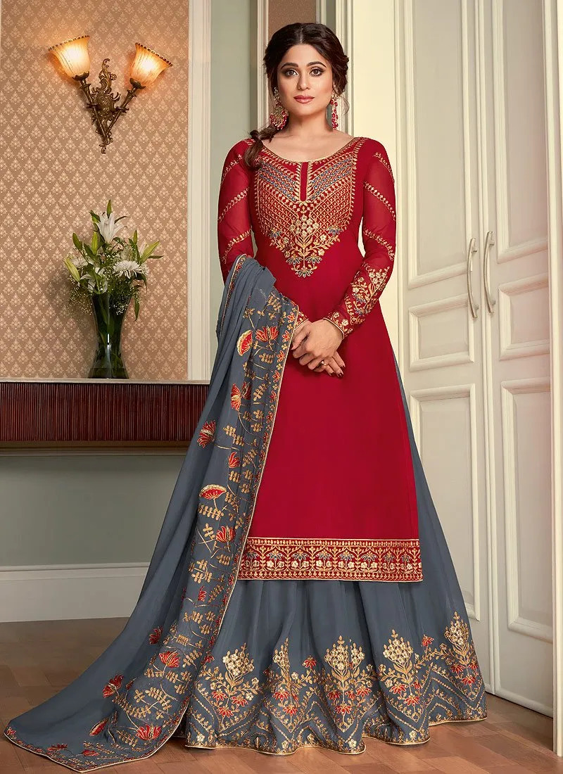 Red Lehenga Suit featuring Shamita Shetty