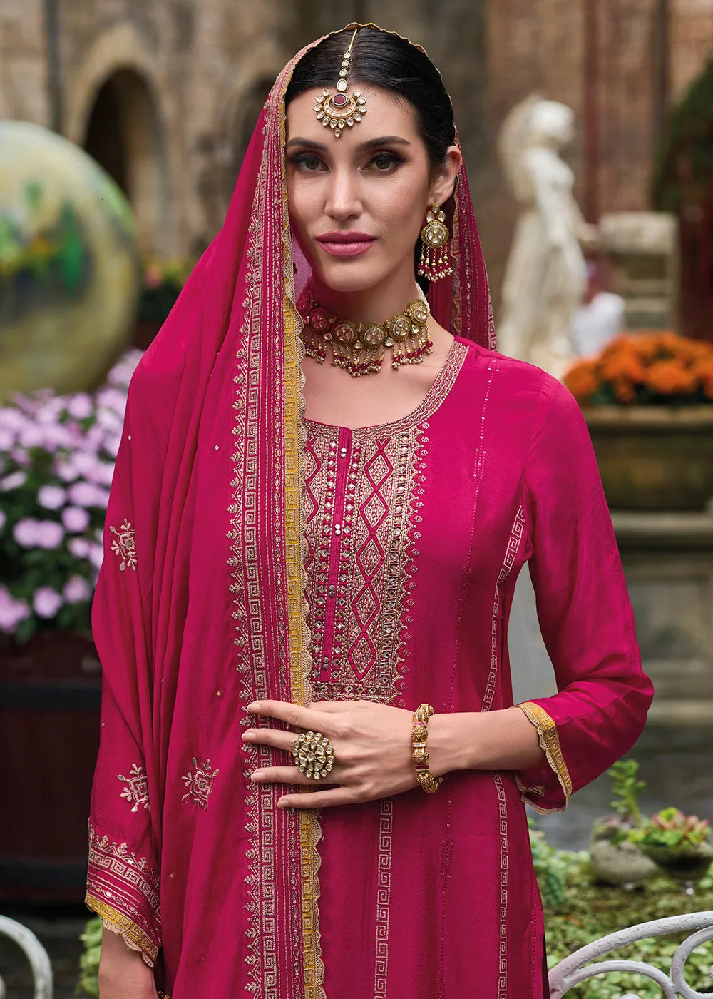 Resham & Sequins Pink Chinnon Party Wear Palazzo Suit