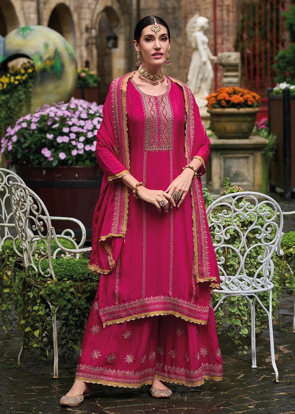 Resham & Sequins Pink Chinnon Party Wear Palazzo Suit