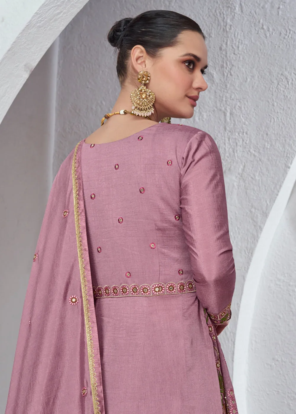 Rose Pink Front Slit Embroidered Lehenga Skirt Suit