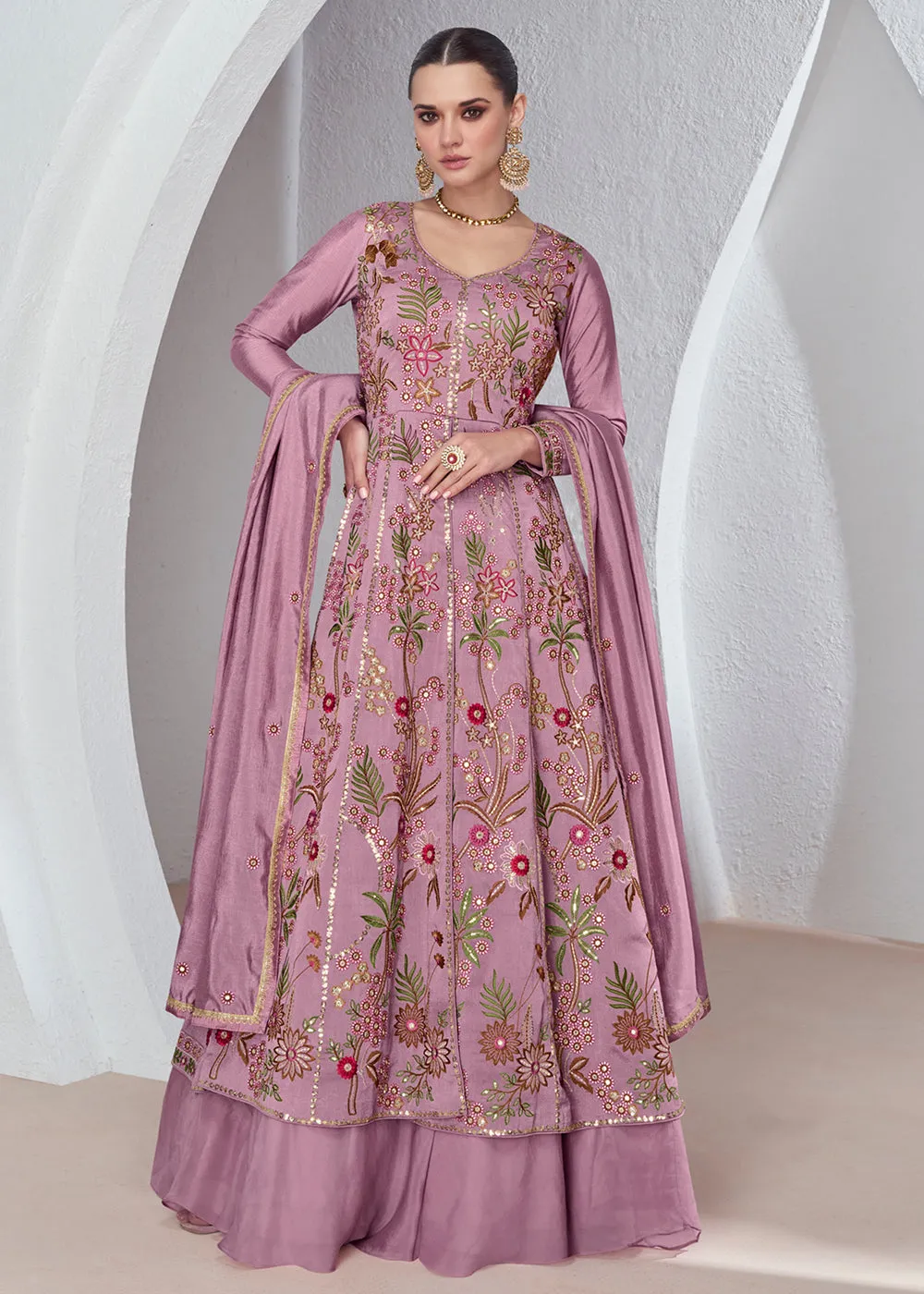 Rose Pink Front Slit Embroidered Lehenga Skirt Suit