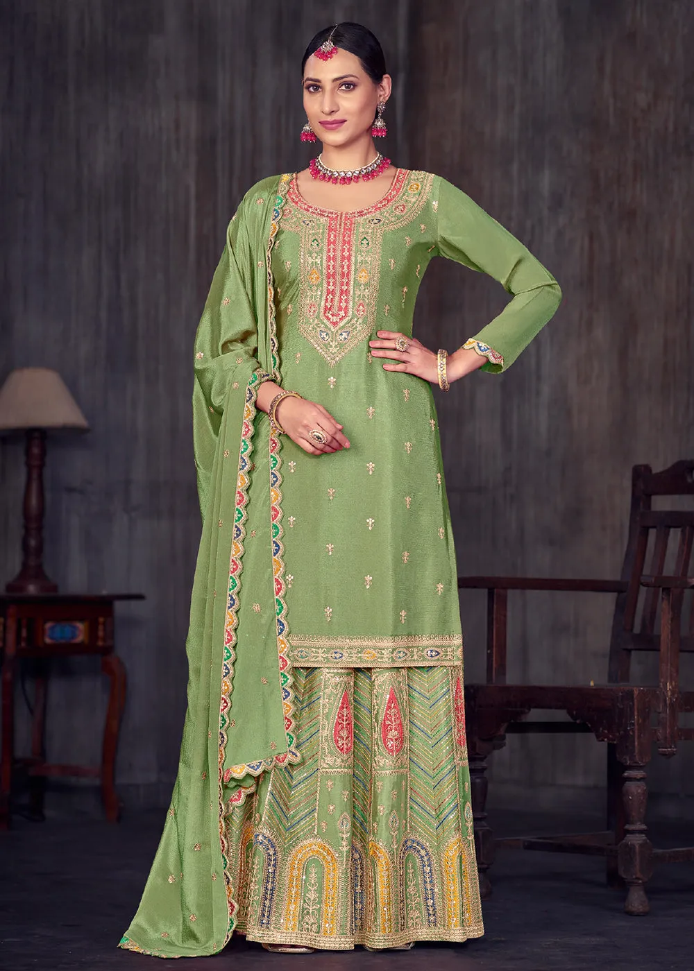 Sage Green Heavy Chinnon Embroidered Lehenga Kurta Suit