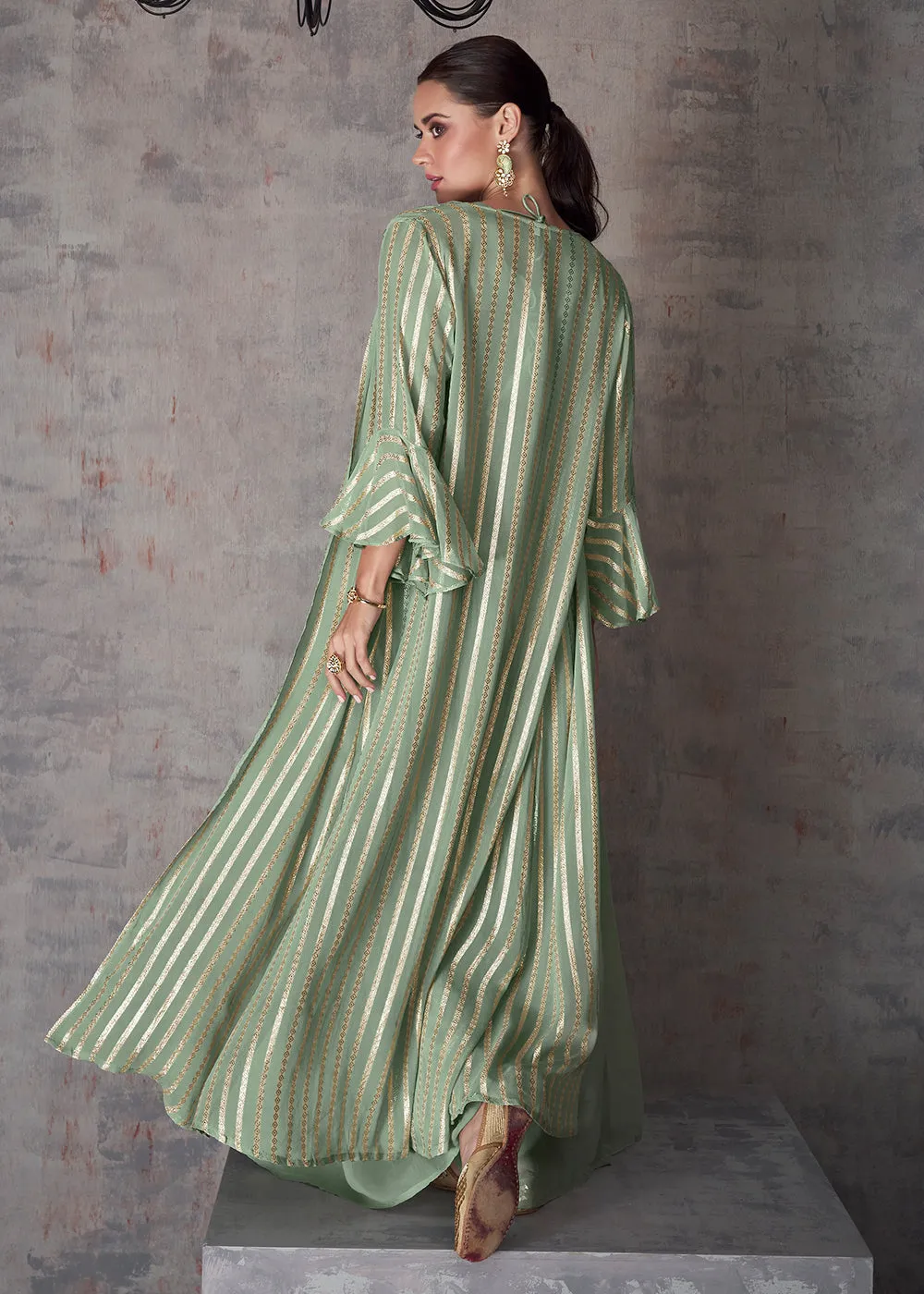 Sage Green Indo Western Style Party Wear Palazzo Suit