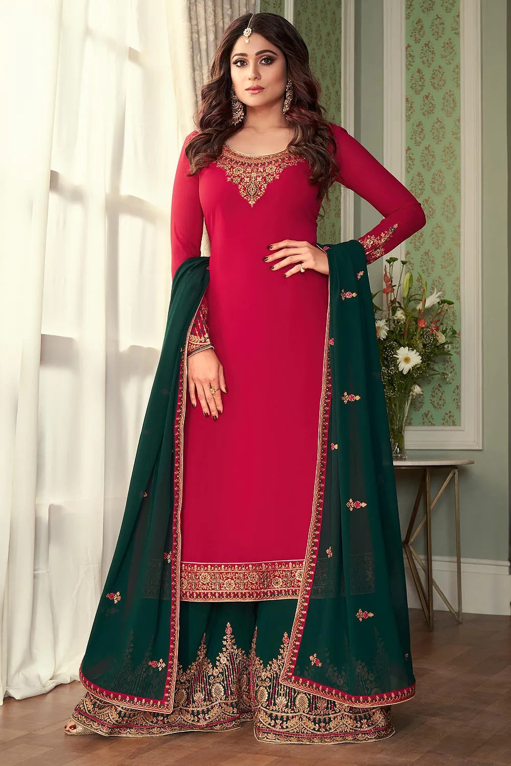 Shamita Shetty Pink & Green Georgette Palazzo Suit