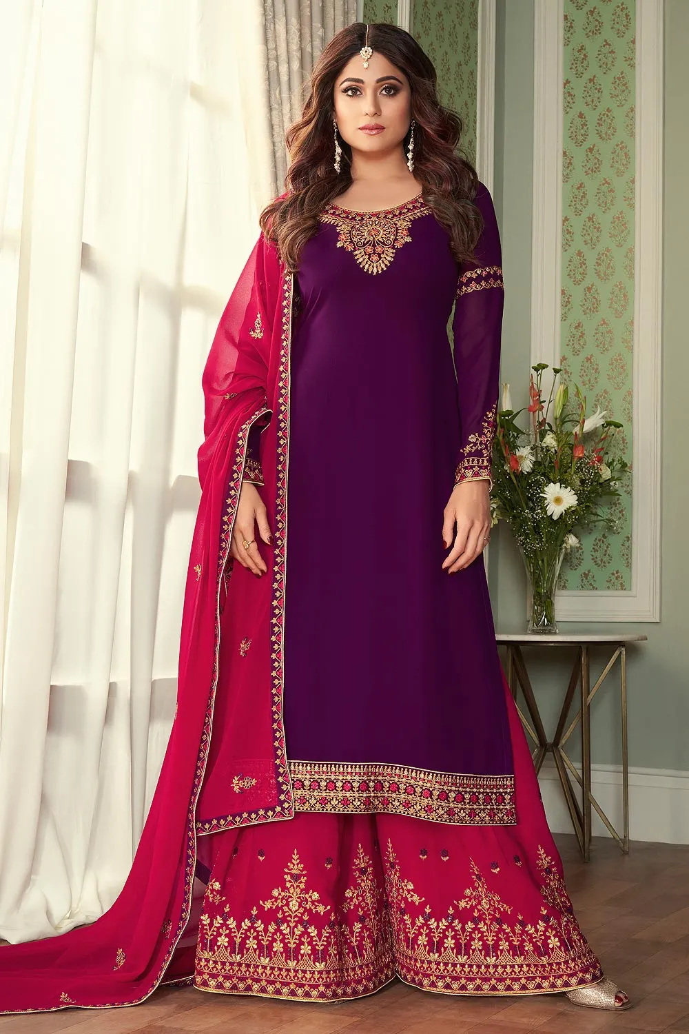 Shamita Shetty Purple & Pink Georgette Palazzo Suit