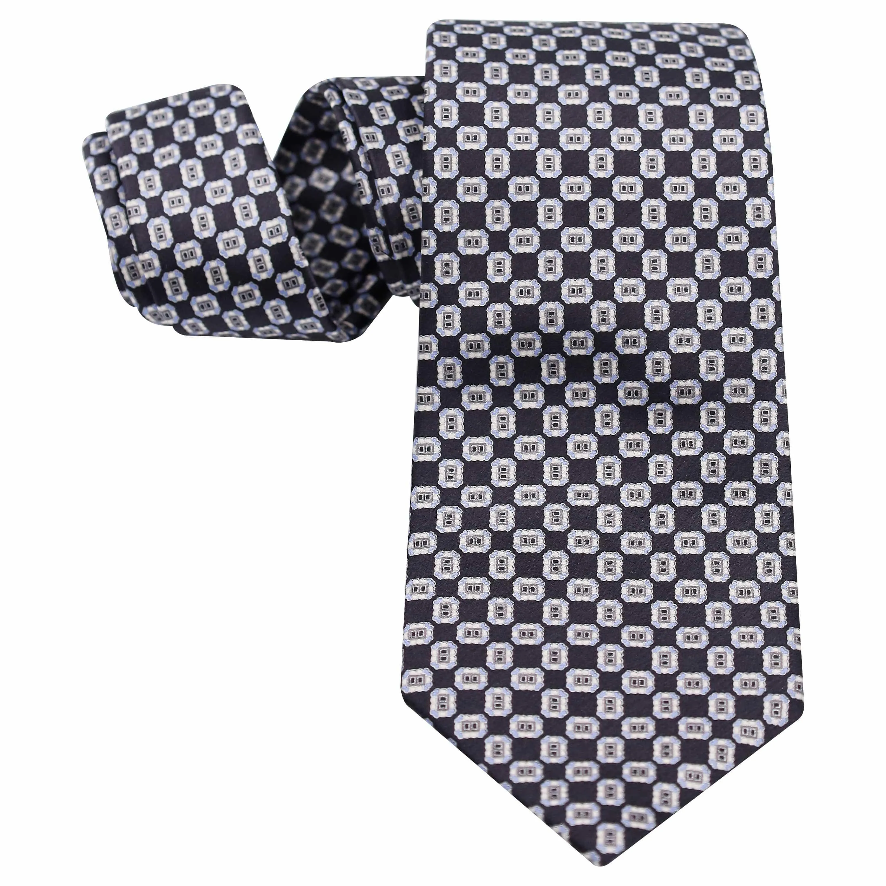 SILVER GEOMETRIC DESIGN ON BLACK SILK TIE