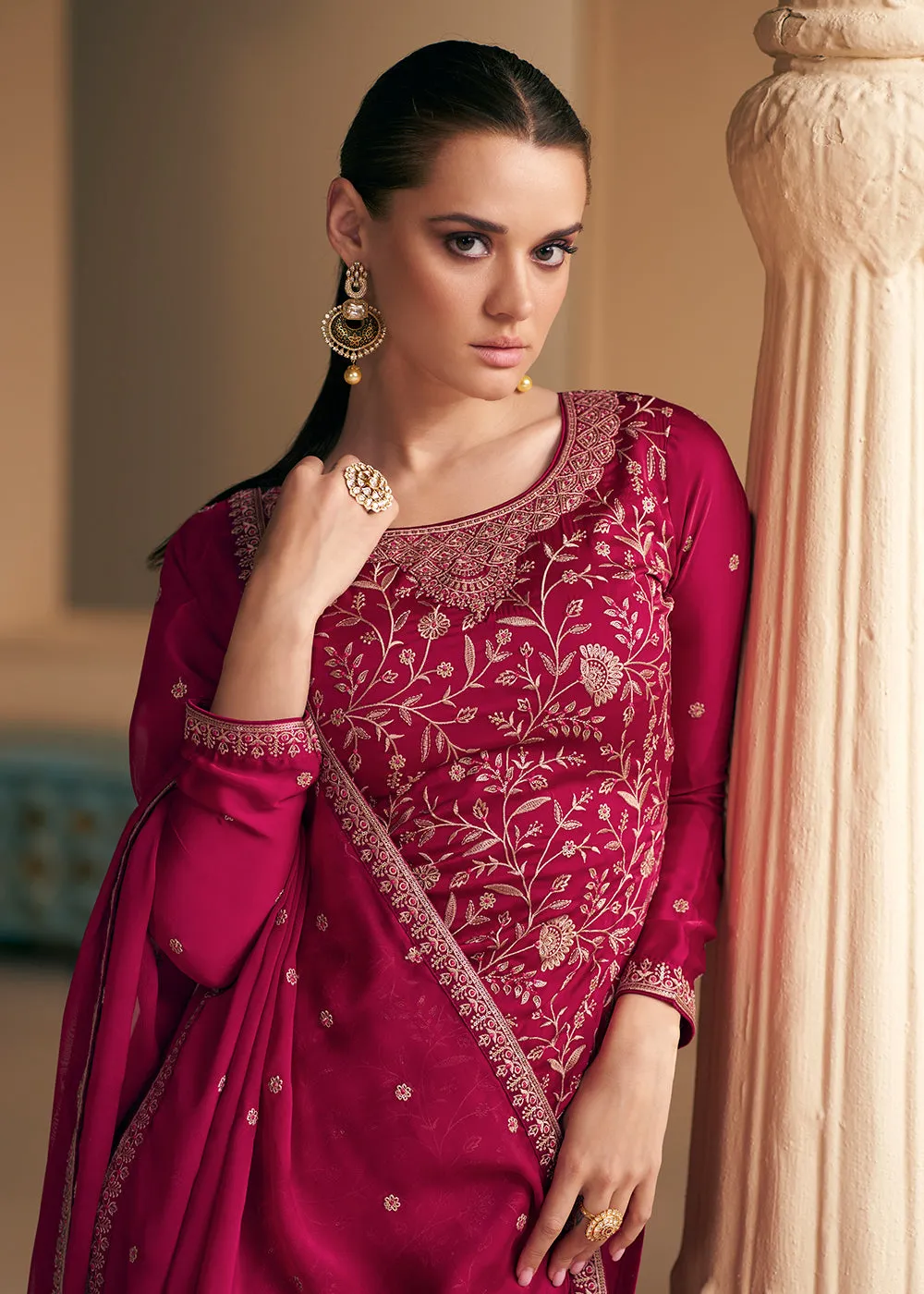 Soft Silk Hot Pink Embroidered Wedding Festive Salwar Suit