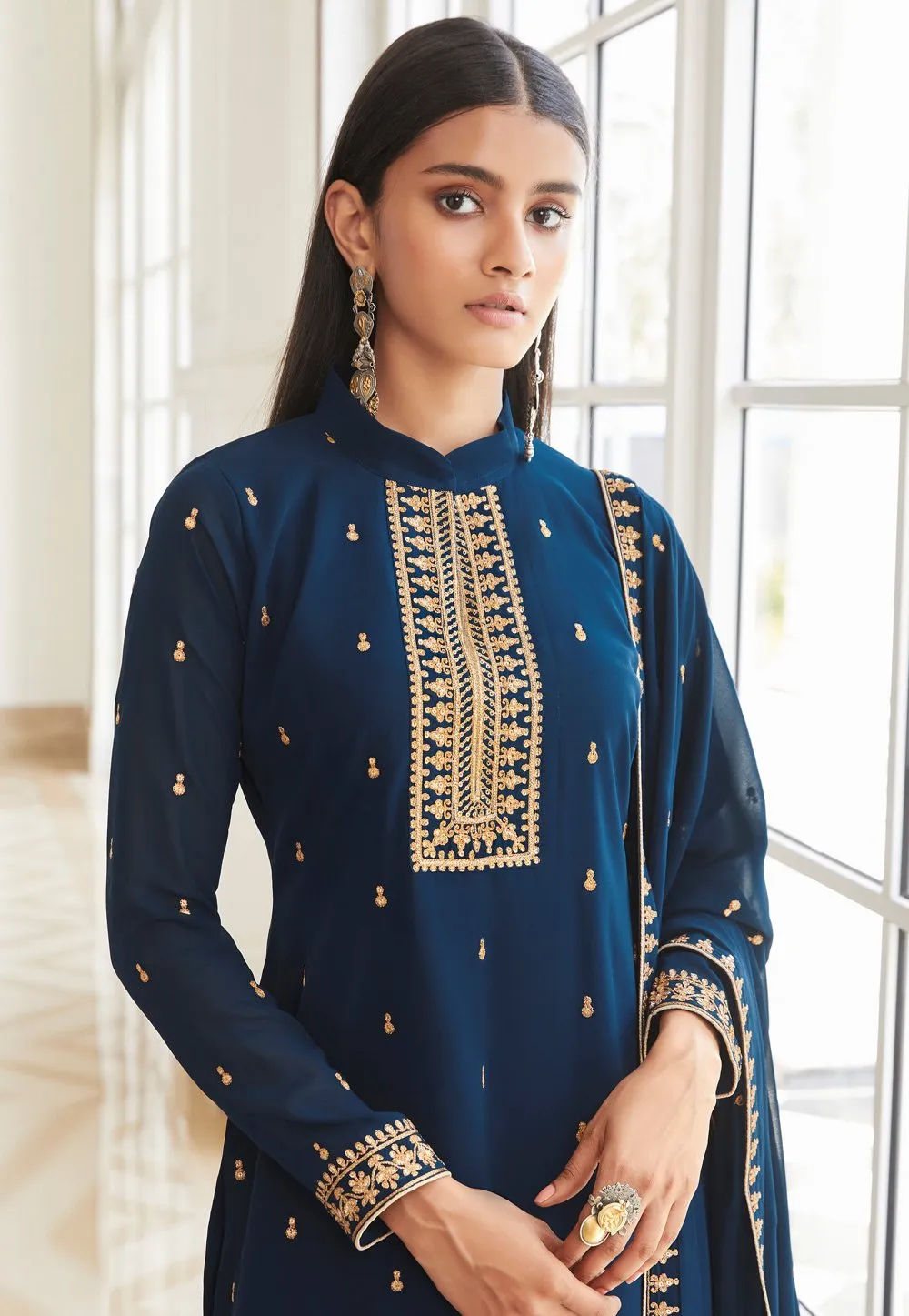 Splendid Blue Zari Embroidered Flared Palazzo Suit