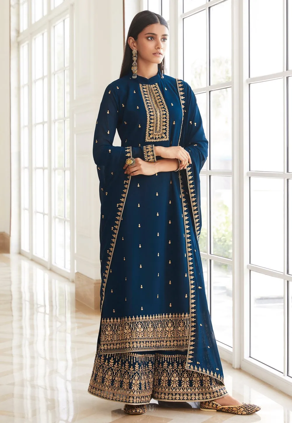 Splendid Blue Zari Embroidered Flared Palazzo Suit