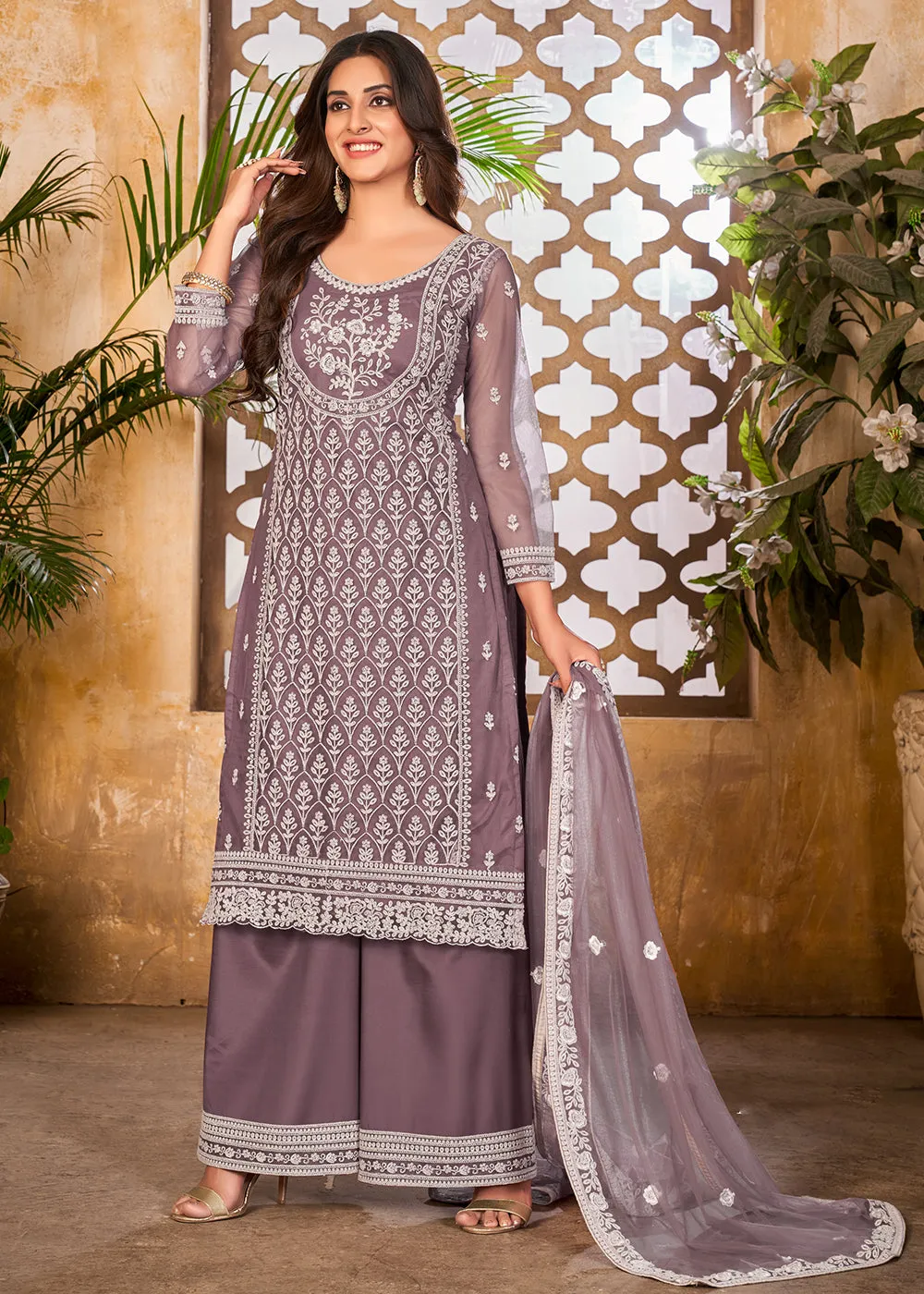 Splendid Lavender Wedding Festive Pakistani Style Palazzo Suit