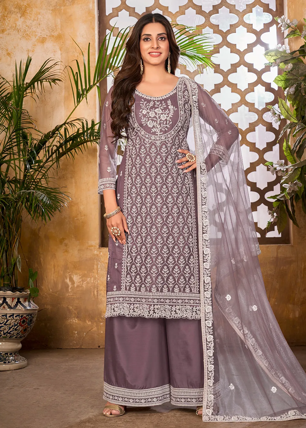 Splendid Lavender Wedding Festive Pakistani Style Palazzo Suit