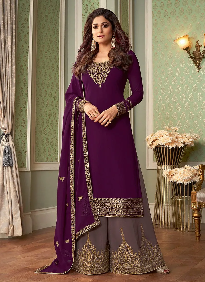 Stupendous Plum Shamita Shetty Georgette Palazzo Suit