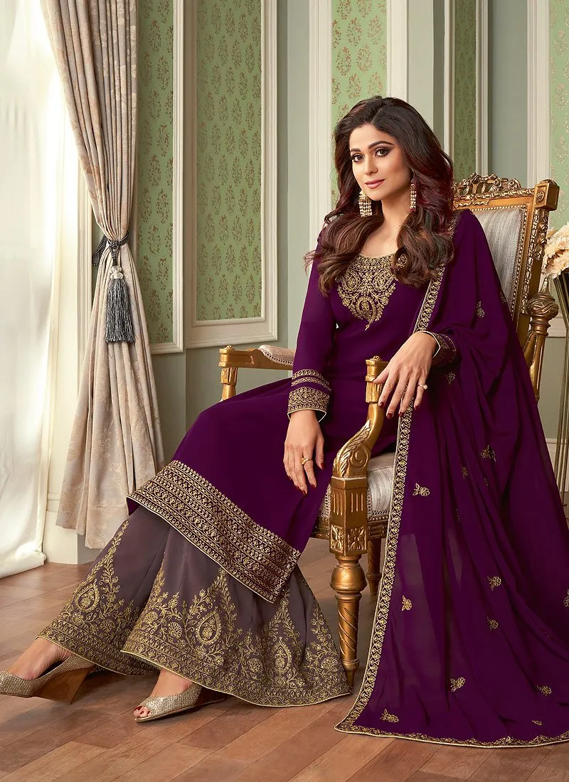 Stupendous Plum Shamita Shetty Georgette Palazzo Suit