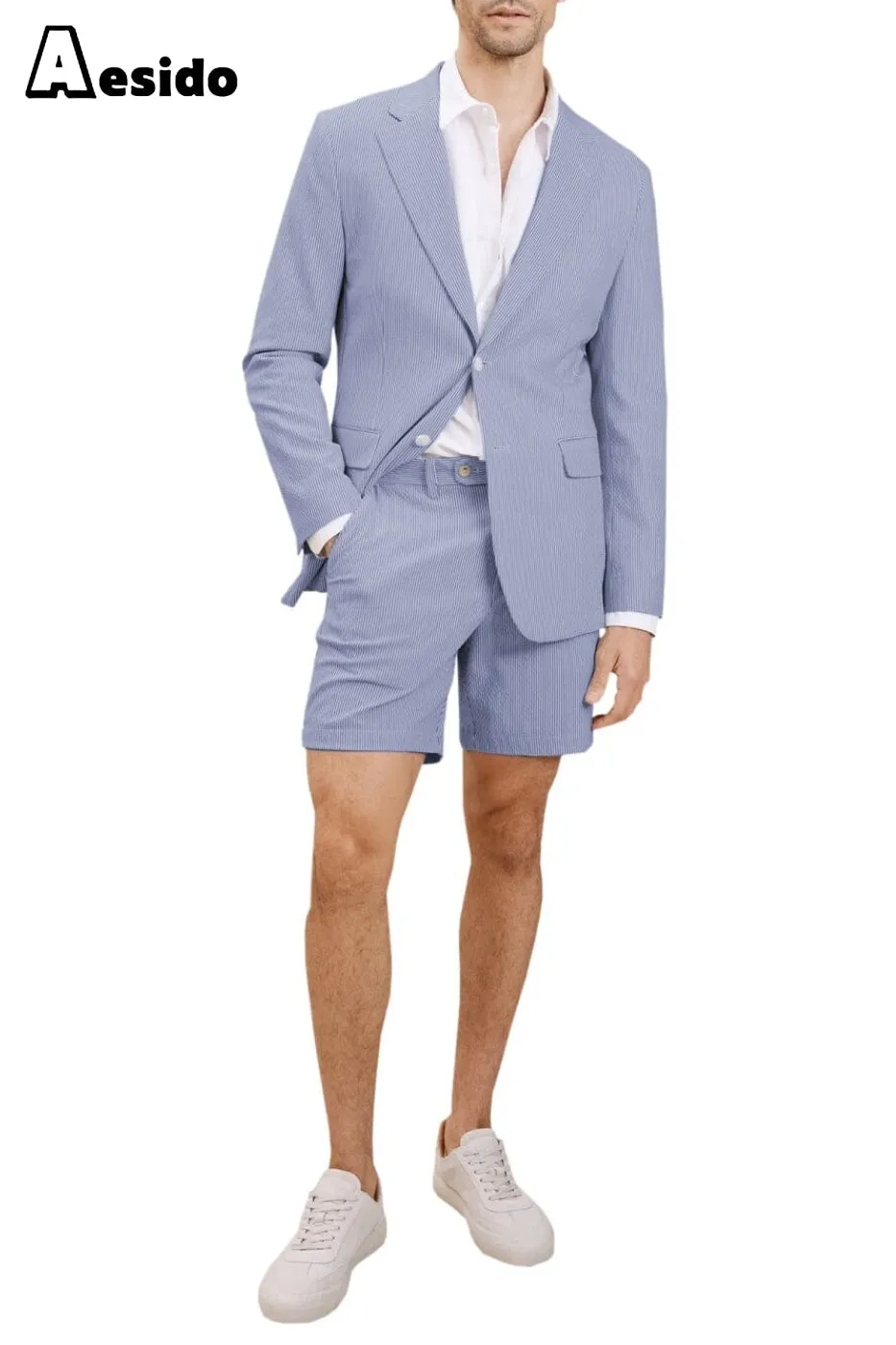 Summer Seersucker Casual Men's Suit (Blazer Shorts)